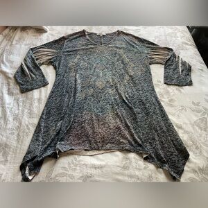 Jess & Jane Embellished Burnout Multicolor Tunic Top 1X Asymmetric Lagenlook